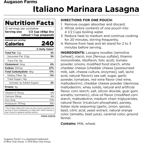 The nutrition label for Augason Farms Marinara Lasagna Super #10 Can - 12 Servings - (SHIPS IN 1-2 WEEKS).