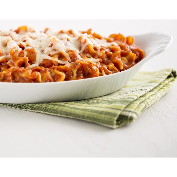 A white dish with Augason Farms Marinara Lasagna Super #10 Can - 12 Servings - (SHIPS IN 1-2 WEEKS) in it.