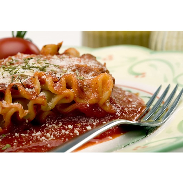 A plate of Augason Farms Marinara Lasagna Super #10 Can - 12 Servings - (SHIPS IN 1-2 WEEKS) with tomato sauce and parmesan cheese.