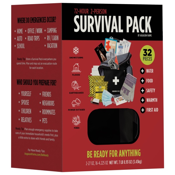 A box with the Augason Farms 72-Hour 2-Person Survival Backpack with Food, Water, and Gear Bug Out Bag - (SHIPS IN 1-2 WEEKS) in it.