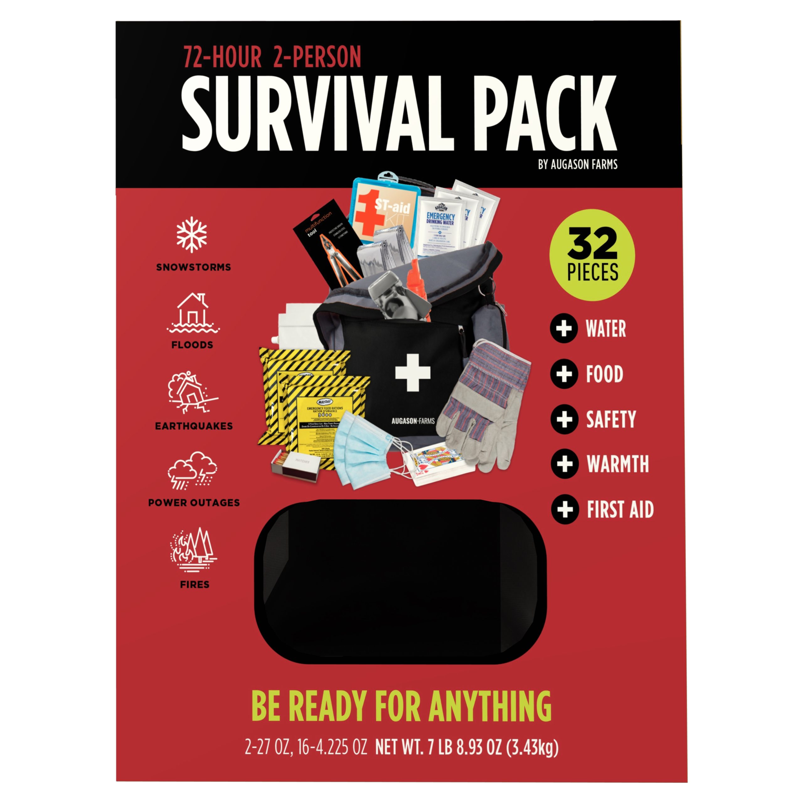 An Augason Farms 72-Hour 2-Person Survival Backpack with Food, Water, and Gear Bug Out Bag - (SHIPS IN 1-2 WEEKS) with items in it.