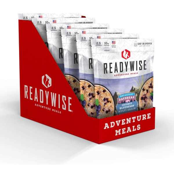 A box of ReadyWise (formerly Wise Food Storage) Daybreak Coconut Milk Blueberry Multi-Grain Cereal - 6 Pack - (SHIPS IN 1-2 WEEKS) adventure meals.