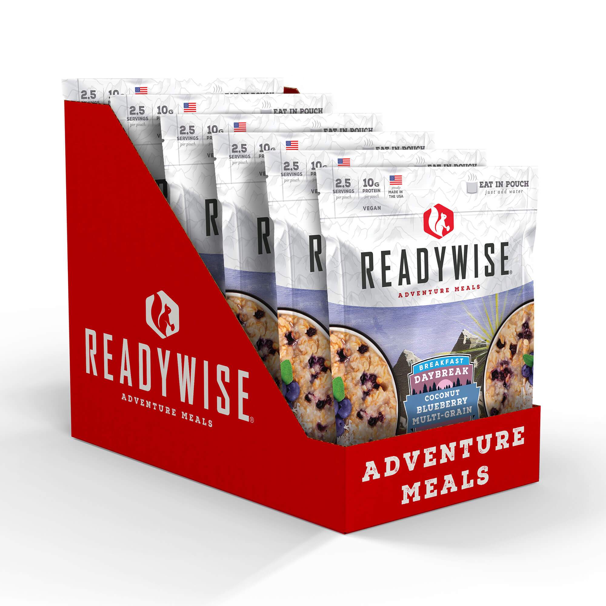 A box of ReadyWise (formerly Wise Food Storage) Daybreak Coconut Milk Blueberry Multi-Grain Cereal - 6 Pack - (SHIPS IN 1-2 WEEKS) adventure meals.