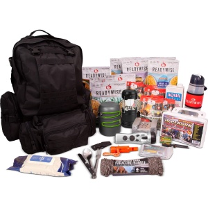 A ReadyWise (formerly Wise Food Storage) Ultimate 3-Day Emergency Survival Backpack Bug Out Bag - (SHIPS IN 1-2 WEEKS) with a variety of items in it.