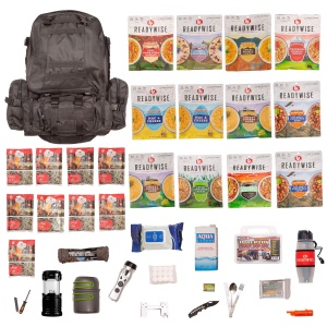 A ReadyWise (formerly Wise Food Storage) Ultimate 3-Day Emergency Survival Backpack Bug Out Bag - (SHIPS IN 1-2 WEEKS) with food, water, and other items.