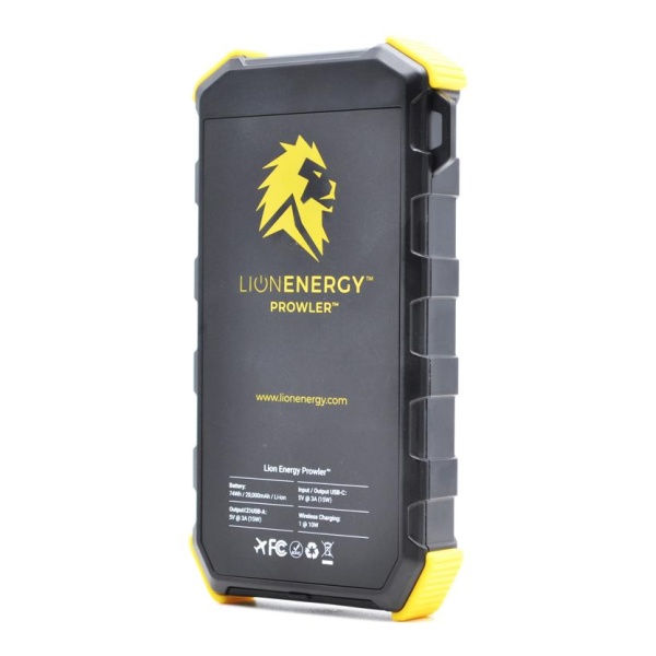 A black and yellow Lion Energy Lion Prowler Power Bank With Wireless Charging - QI Charger case with a lion on it.