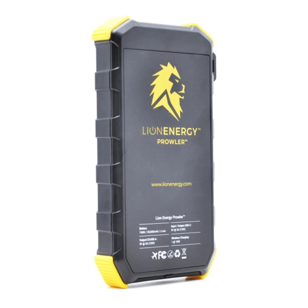 A black and yellow Lion Energy Lion Prowler Power Bank With Wireless Charging - QI Charger with a yellow logo.