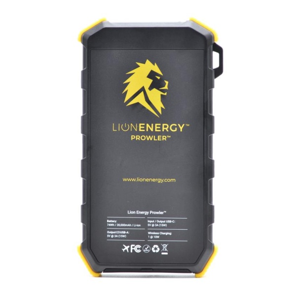 A Lion Energy Lion Prowler Power Bank With Wireless Charging - QI Charger with a yellow logo.
