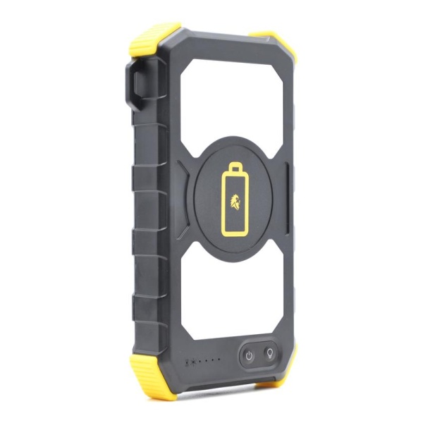 A Lion Energy Lion Prowler Power Bank With Wireless Charging - QI Charger phone case with a yellow and black logo.
