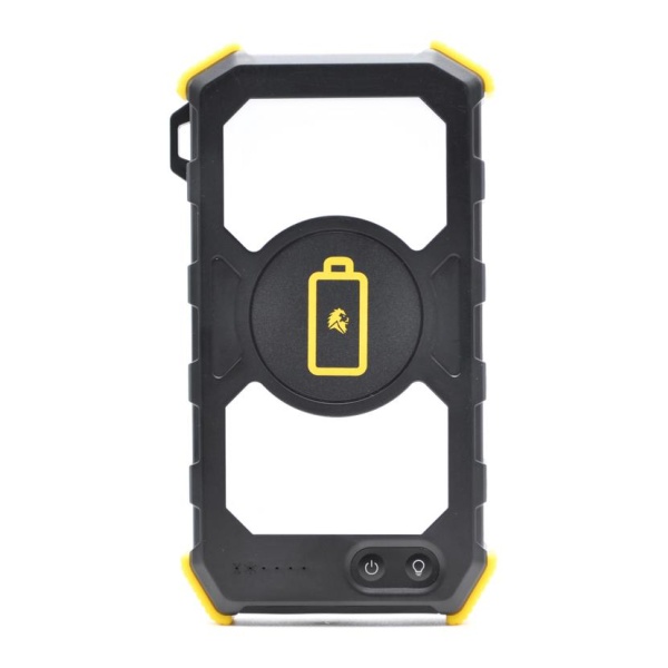 A black and yellow Lion Energy Lion Prowler Power Bank With Wireless Charging - QI Charger phone case with a yellow battery.
