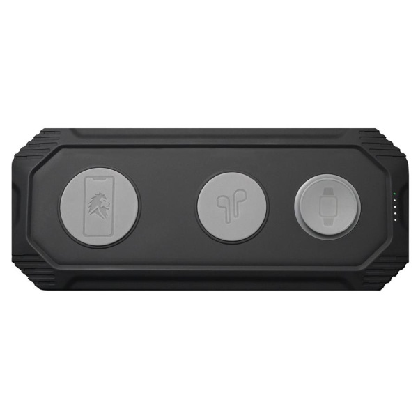 A black Lion Energy Lion Eclipse USB Power Bank With Wireless Charging - QI Charger with two buttons on it.