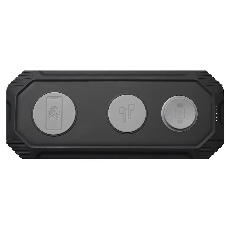 A black Lion Energy Lion Eclipse USB Power Bank With Wireless Charging - QI Charger with two buttons on it.