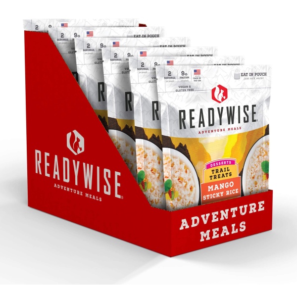 A box of ReadyWise (formerly Wise Food Storage) Trail Treats Mango Sticky Rice - 6 Pack (SHIPS IN 1-2 WEEKS) adventure meals.