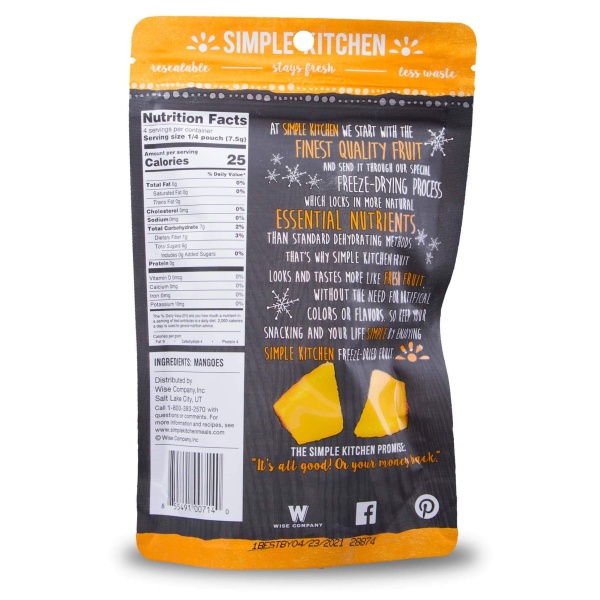 A bag with a label on it showing the ingredients of ReadyWise (formerly Wise Food Storage) Freeze-Dried Mango - 6 Pack - (SHIPS IN 1-2 WEEKS).