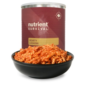 Nutrient Survival Lasagna #10 Can in a bowl next to a can.
