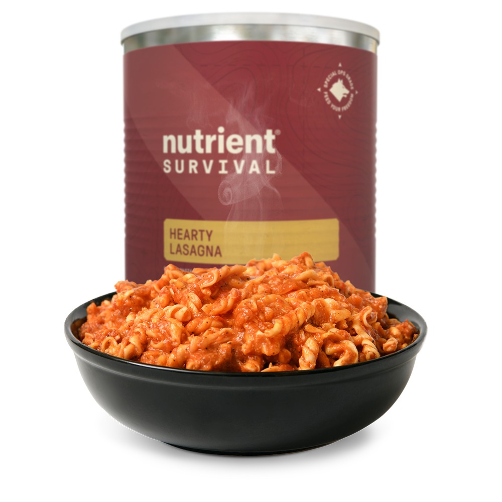 Nutrient Survival Lasagna #10 Can in a bowl next to a can.