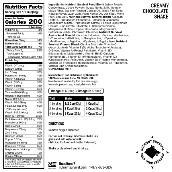 The back of a nutrition label for a Nutrient Survival Non-GMO Vegetarian Gluten-Free Creamy Chocolate Shake SINGLES - (SHIPS IN 2-4 WEEKS).