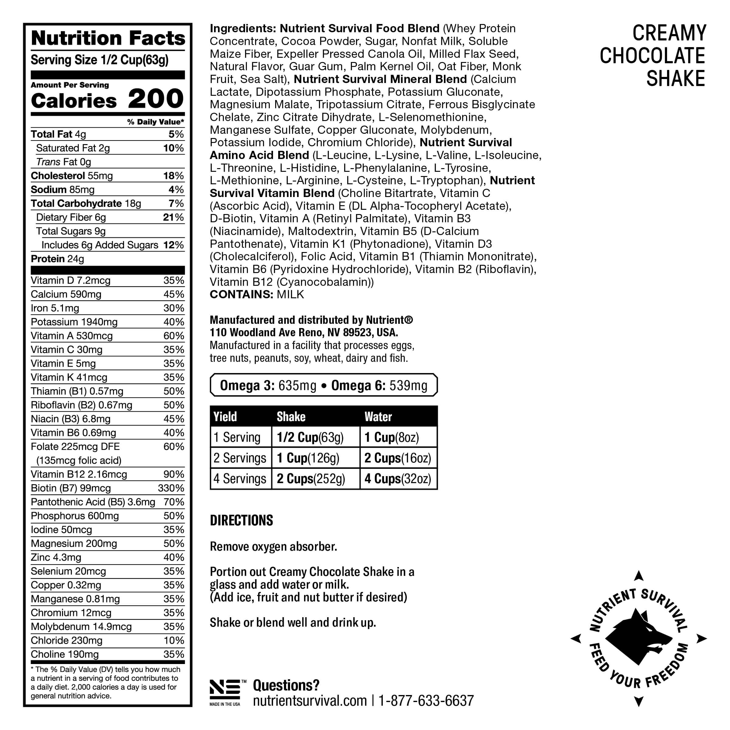 The back of a nutrition label for a Nutrient Survival Non-GMO Vegetarian Gluten-Free Creamy Chocolate Shake SINGLES - (SHIPS IN 2-4 WEEKS).