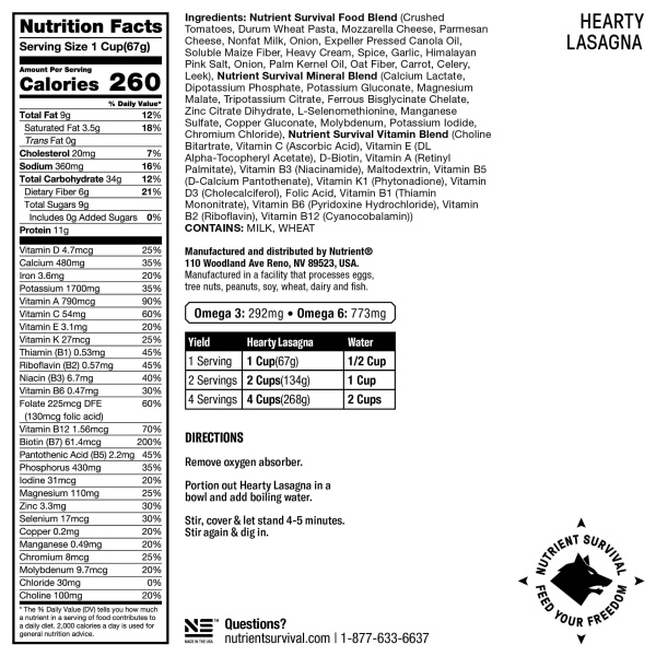 The back of a nutrition label for Nutrient Survival Lasagna #10 Can - 10 Servings - (SHIPS IN 2-4 WEEKS).