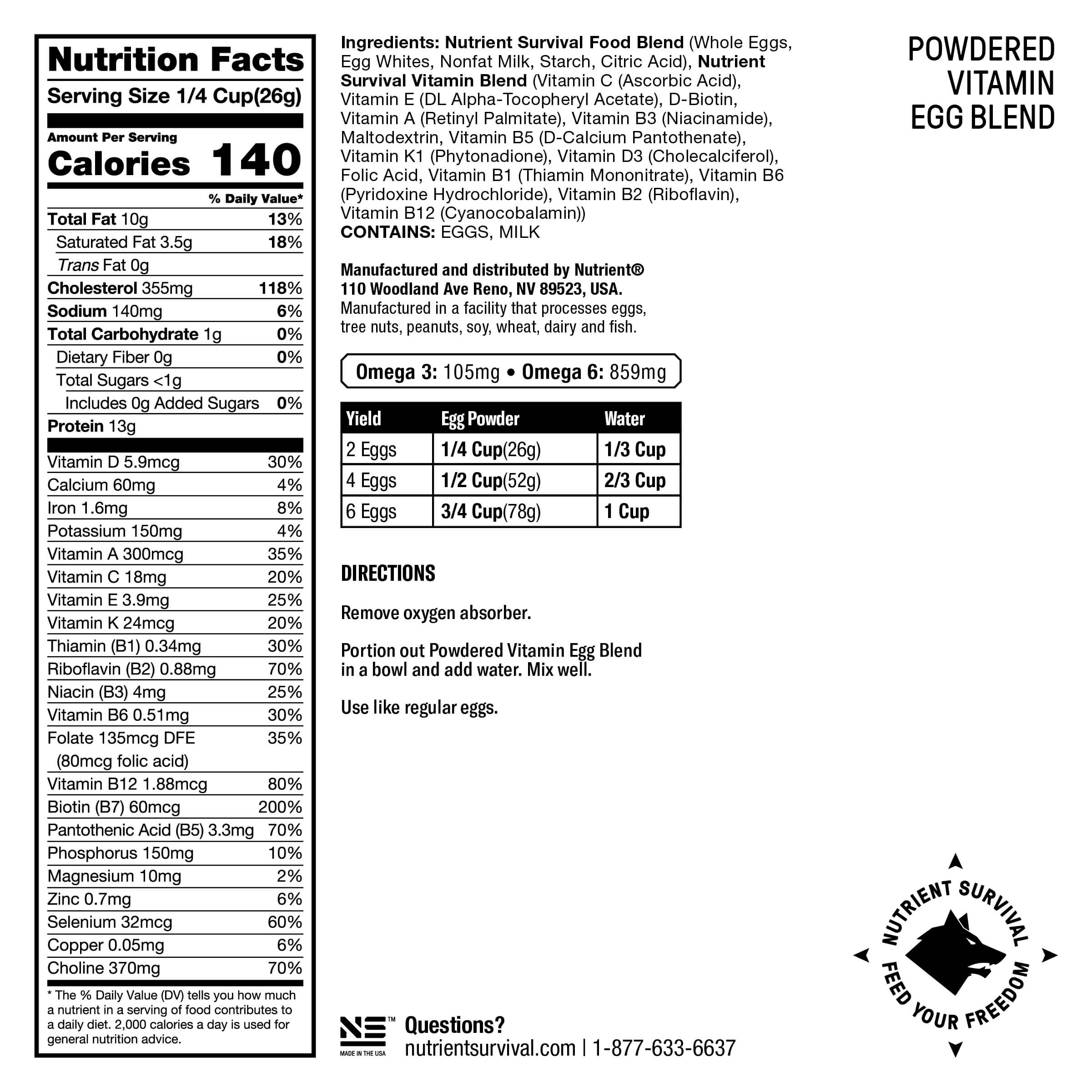 The nutrition label for Nutrient Survival Powdered Vitamin Eggs - 70 Eggs in a #10 Can - 35 Servings - (SHIPS IN 2-4 WEEKS).