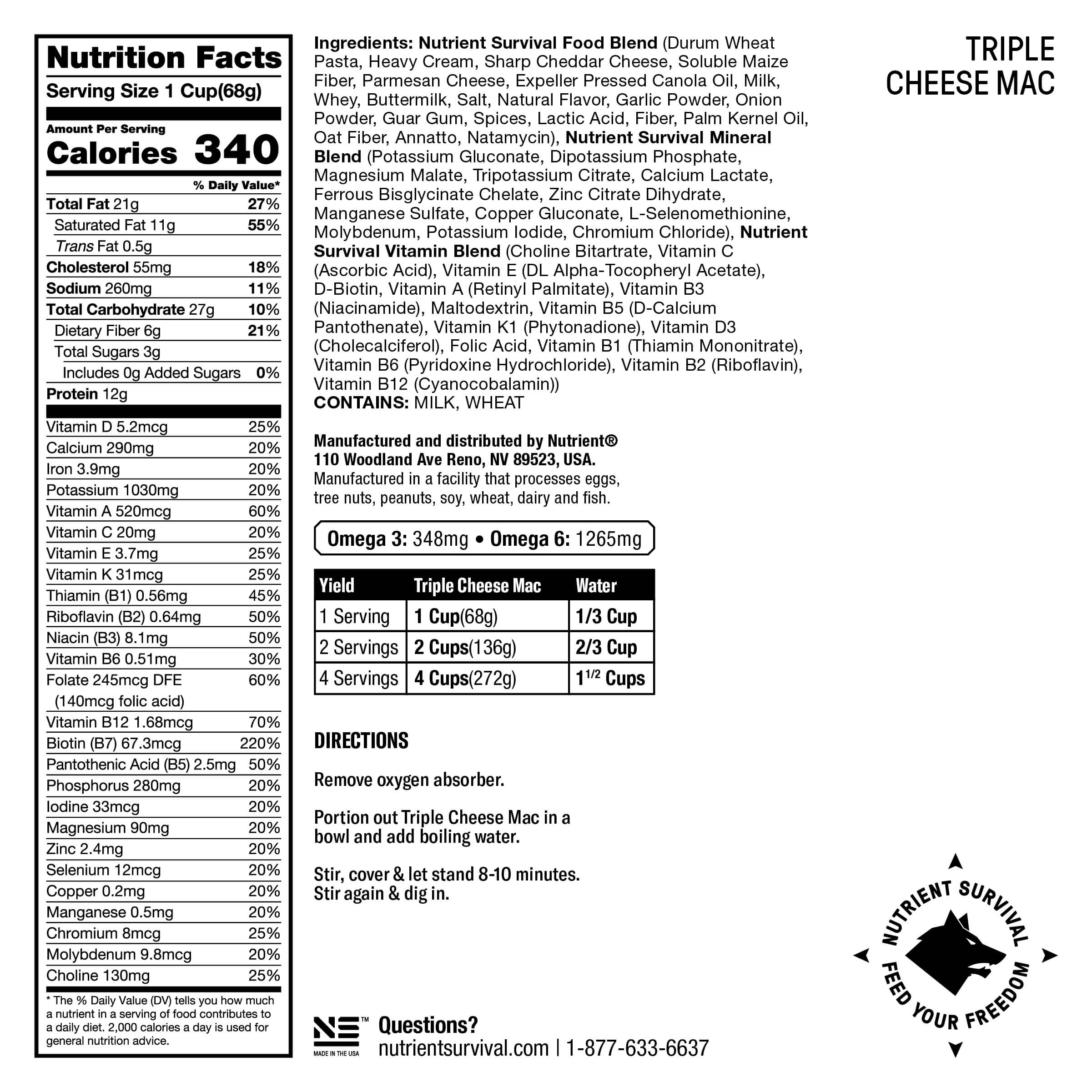 The back of a nutrition label for Nutrient Survival Triple Cheese Mac SINGLES - (SHIPS IN 2-4 WEEKS).