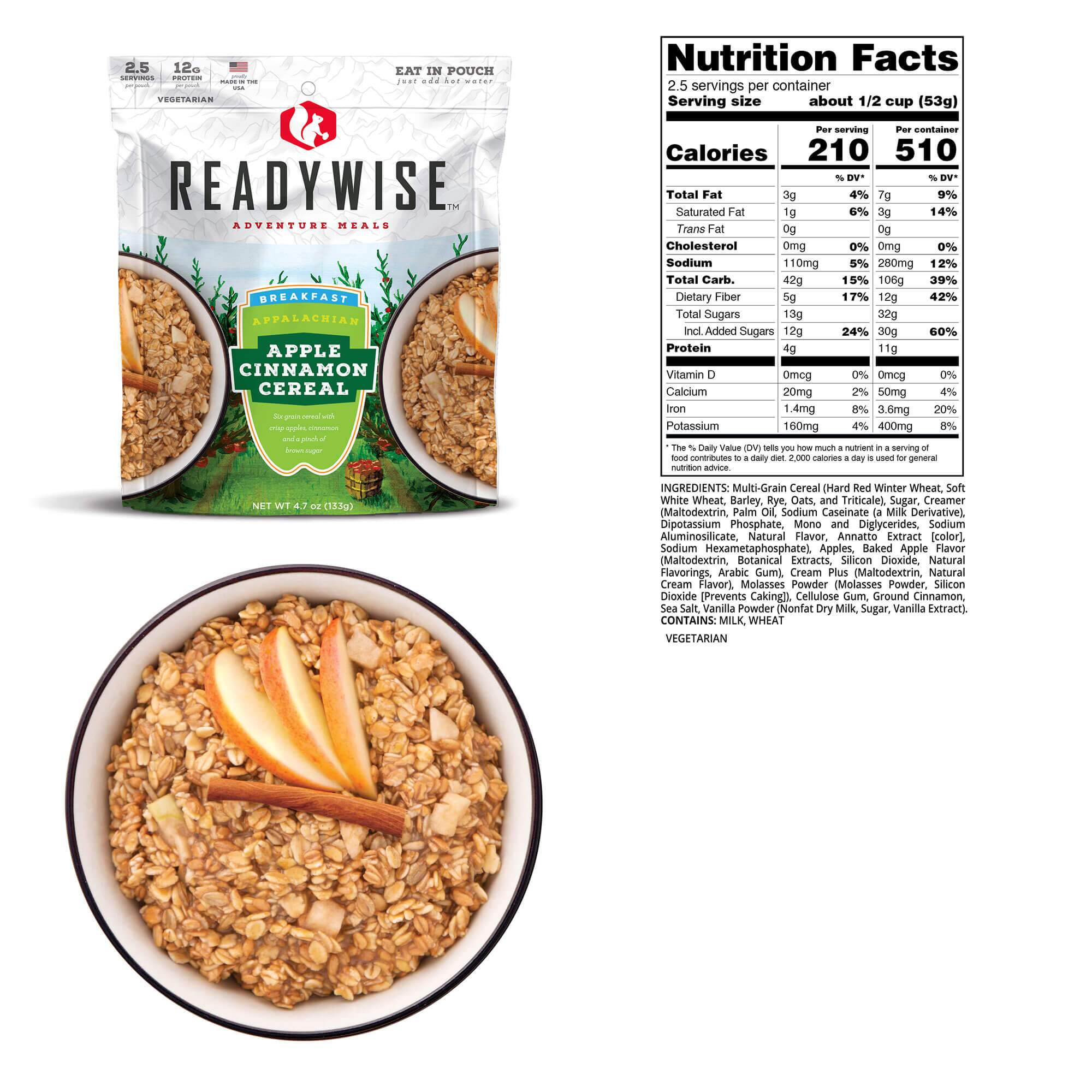 A bowl of ReadyWise (formerly Wise Food Storage) Hunting Food Calorie Booster Emergency Food Bucket - (SHIPS IN 1-2 WEEKS) and a bowl of apples.