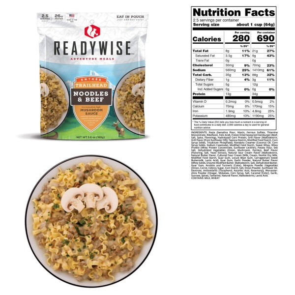 A package of ReadyWise (formerly Wise Food Storage) Hunting Food Calorie Booster Emergency Food Bucket - (SHIPS IN 1-2 WEEKS) mushroom risotto next to a bag of rice.