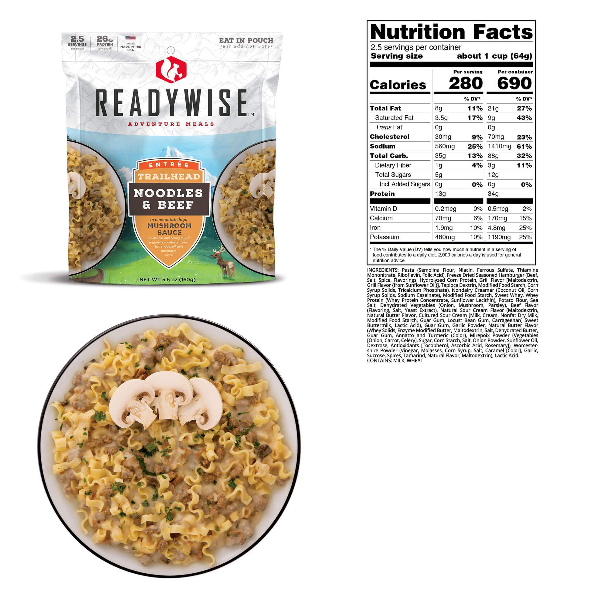 A package of ReadyWise (formerly Wise Food Storage) Hunting Food Calorie Booster Emergency Food Bucket - (SHIPS IN 1-2 WEEKS) mushroom risotto next to a bag of rice.