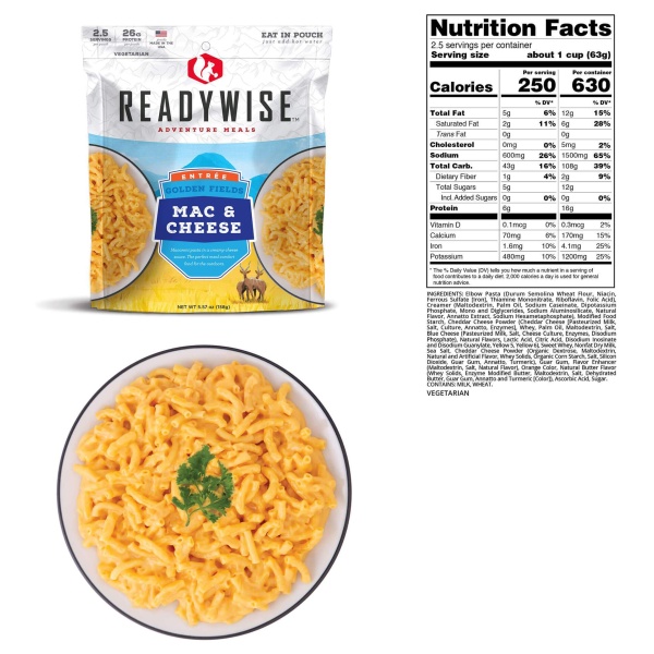 ReadyWise (formerly Wise Food Storage) Hunting Food Calorie Booster Emergency Food Bucket - (SHIPS IN 1-2 WEEKS) macaroni & cheese nutrition facts.