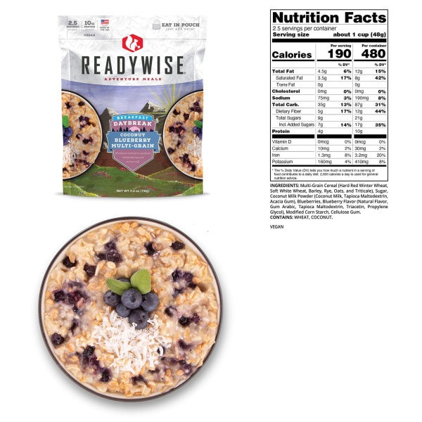 A bag of the ReadyWise (formerly Wise Food Storage) Daybreak Coconut Milk Blueberry Multi-Grain Cereal - 6 Pack - (SHIPS IN 1-2 WEEKS) next to a bag of oatmeal.