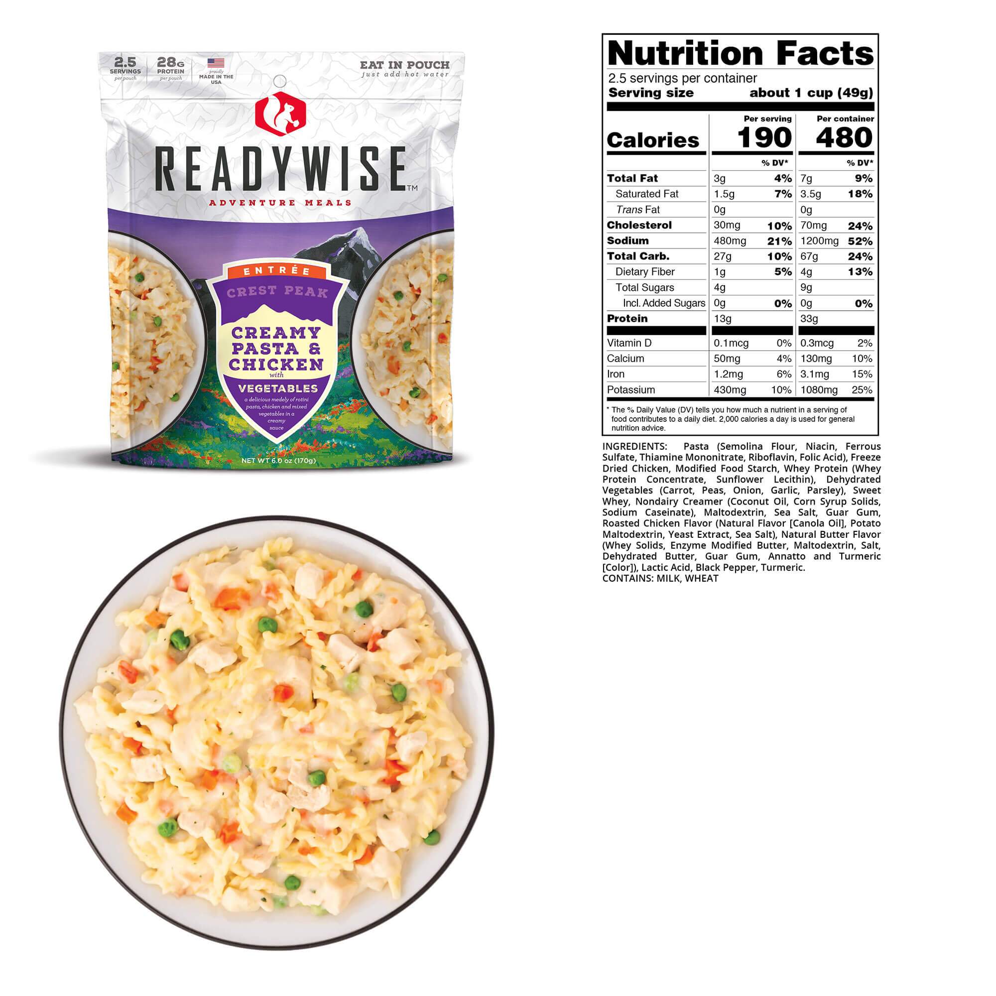 A bag of ReadyWise (formerly Wise Food Storage) Hunting Food Calorie Booster Emergency Food Bucket is next to a bag of chicken noodle soup.