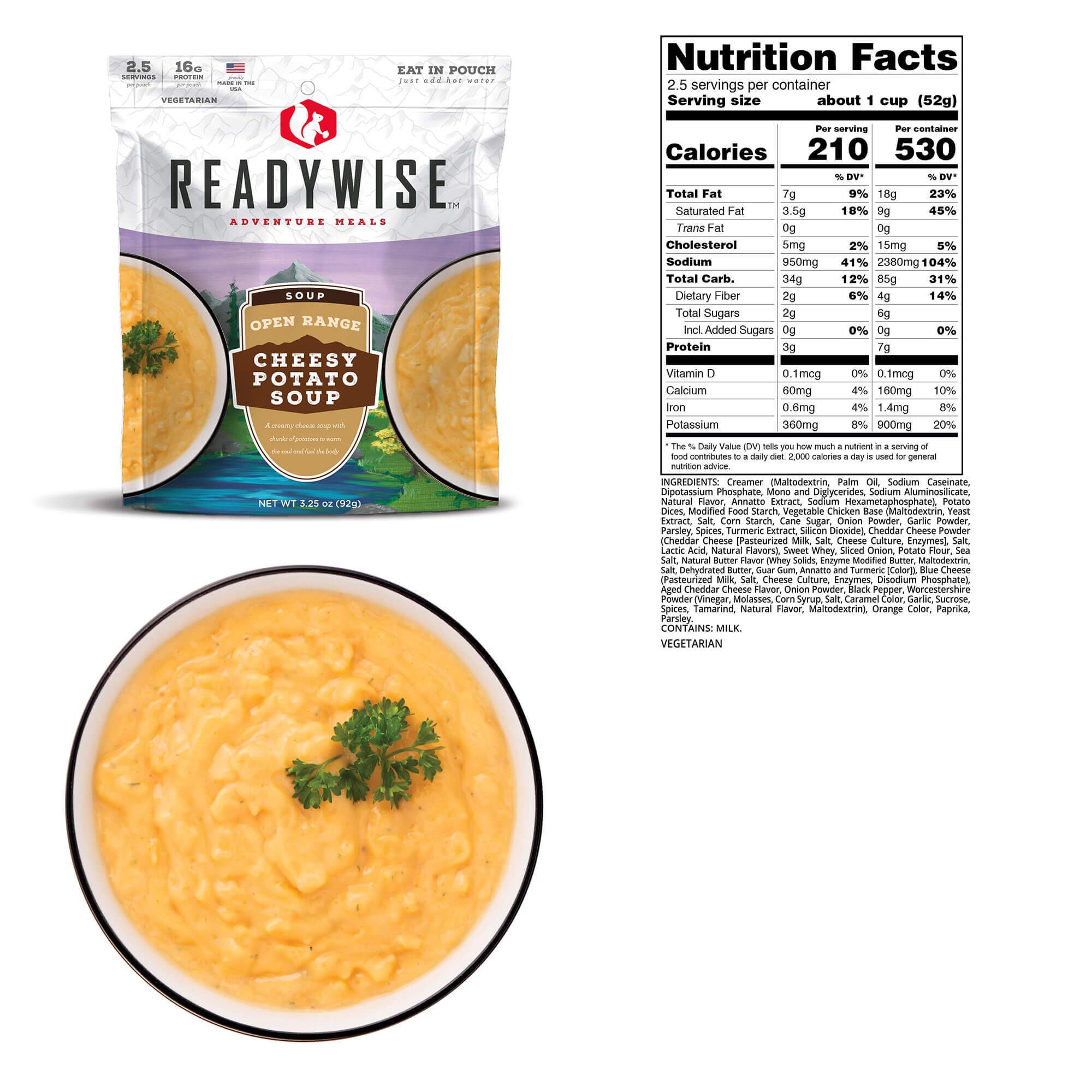 A package of ReadyWise (formerly Wise Food Storage) Open Range Cheesy Potato Soup 6 Pack (SHIPS IN 1-2 WEEKS) and a bag of parsley.