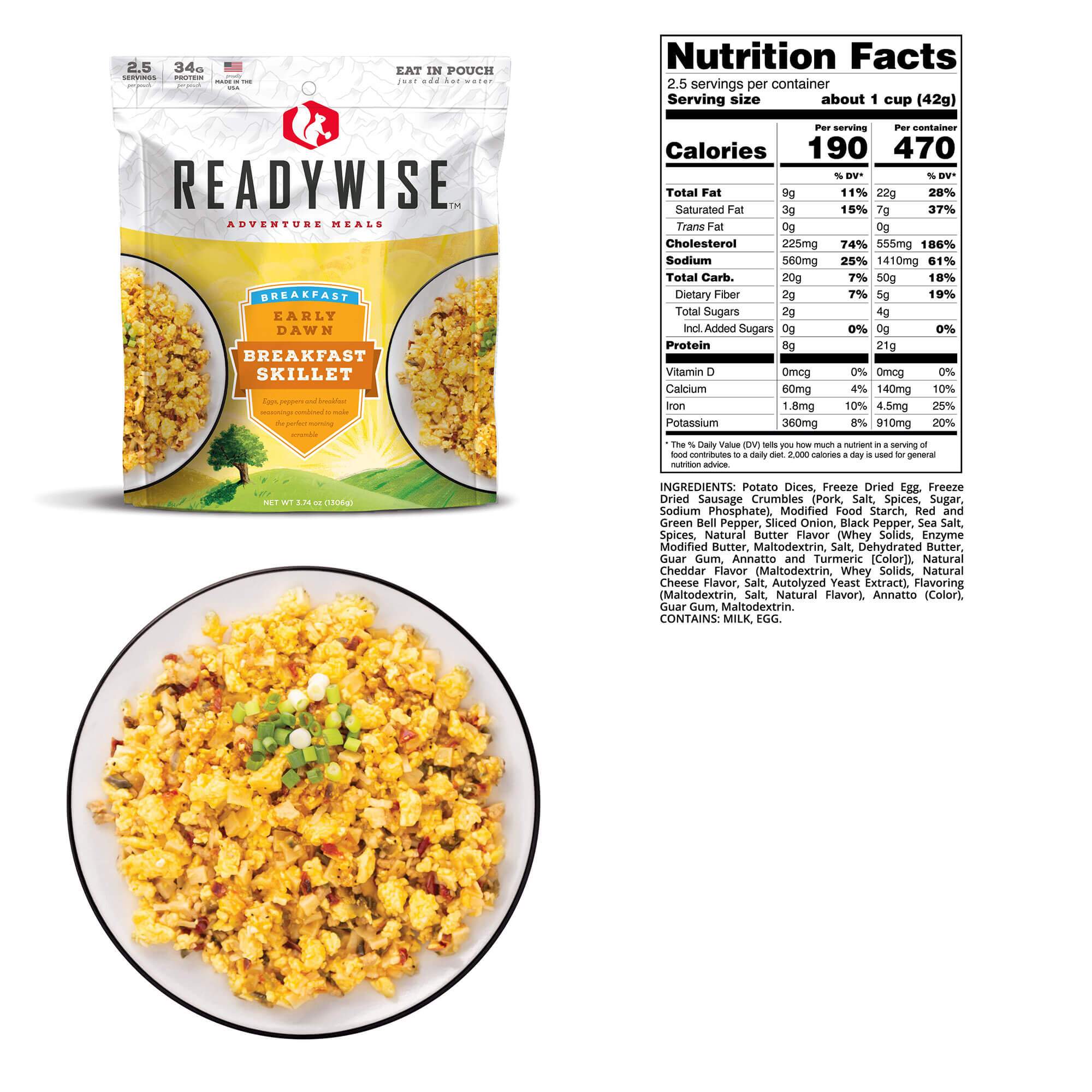 A bag of ReadyWise (formerly Wise Food Storage) Early Dawn Breakfast Skillet - 6 Pack (SHIPS IN 1-2 WEEKS) and a bag of ReadyWise (formerly Wise Food Storage) Early Dawn Breakfast Skillet - 6 Pack (SHIPS IN 1-2 WEEKS).