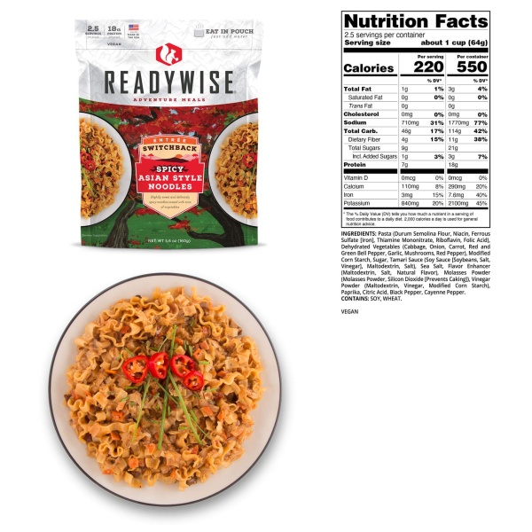 A package of ReadyWise (formerly Wise Food Storage) Switchback Spicy Asian Style Noodles - 6 Pack (SHIPS IN 1-2 WEEKS) next to a bowl of pasta.