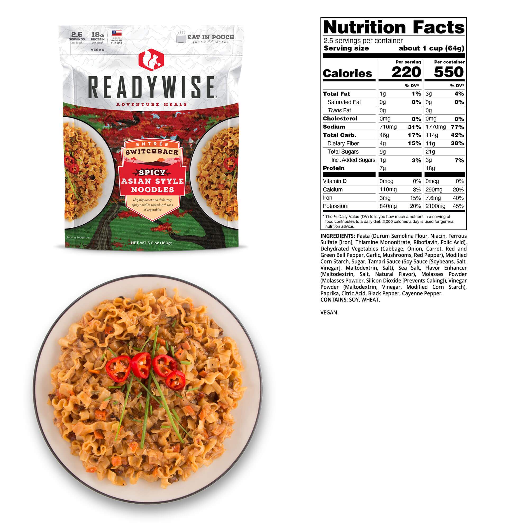 A package of ReadyWise (formerly Wise Food Storage) Switchback Spicy Asian Style Noodles - 6 Pack (SHIPS IN 1-2 WEEKS) next to a bowl of pasta.