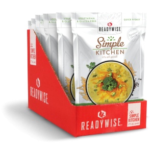 A box of ReadyWise (formerly Wise Food Storage) Simple Kitchen Creamy Cheddar Broccoli Soup - 6 Pack - (SHIPS IN 1-2 WEEKS).