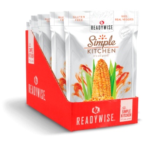 A box of ReadyWise (formerly Wise Food Storage) Simple Kitchen Sriracha Corn - 6 Pack - (SHIPS IN 1-2 WEEKS).