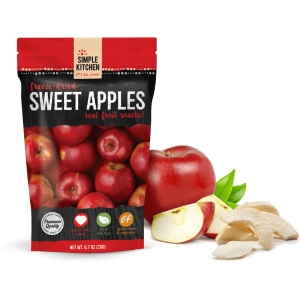 A ReadyWise (formerly Wise Food Storage) Freeze-Dried Sweet Apples - 6 Pack - (SHIPS IN 1-2 WEEKS) next to an apple.