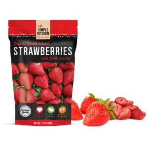 A ReadyWise (formerly Wise Food Storage) Freeze-Dried Strawberries - 6 Pack - (SHIPS IN 1-2 WEEKS) next to a bag of nuts.