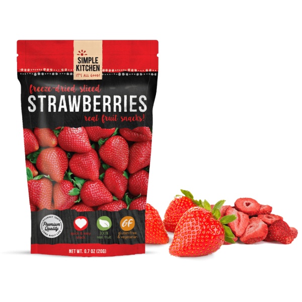 A ReadyWise (formerly Wise Food Storage) Freeze-Dried Strawberries - 6 Pack - (SHIPS IN 1-2 WEEKS) next to a bag of nuts.