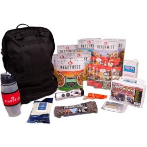 A ReadyWise (formerly Wise Food Storage) Complete 2-Day Emergency Survival Backpack Bug Out Bag - (SHIPS IN 1-2 WEEKS) with food, water, and other items.