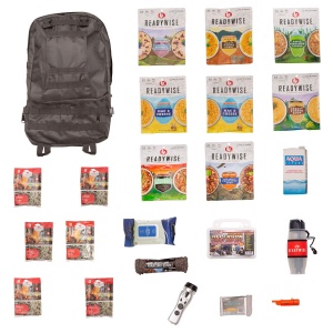 A ReadyWise (formerly Wise Food Storage) Complete 2-Day Emergency Survival Backpack Bug Out Bag - (SHIPS IN 1-2 WEEKS) with food, water, and other items.