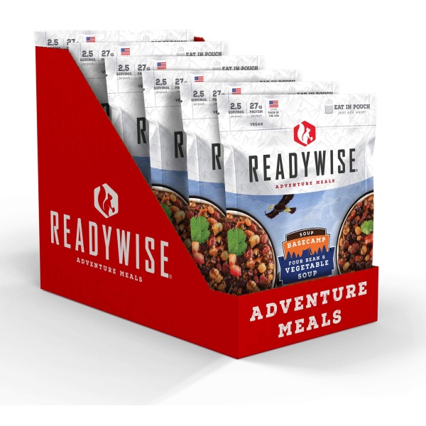 A box of ReadyWise Basecamp Four Bean and Vegetable Soup - 6 Pack (SHIPS IN 1-2 WEEKS) adventure meals.