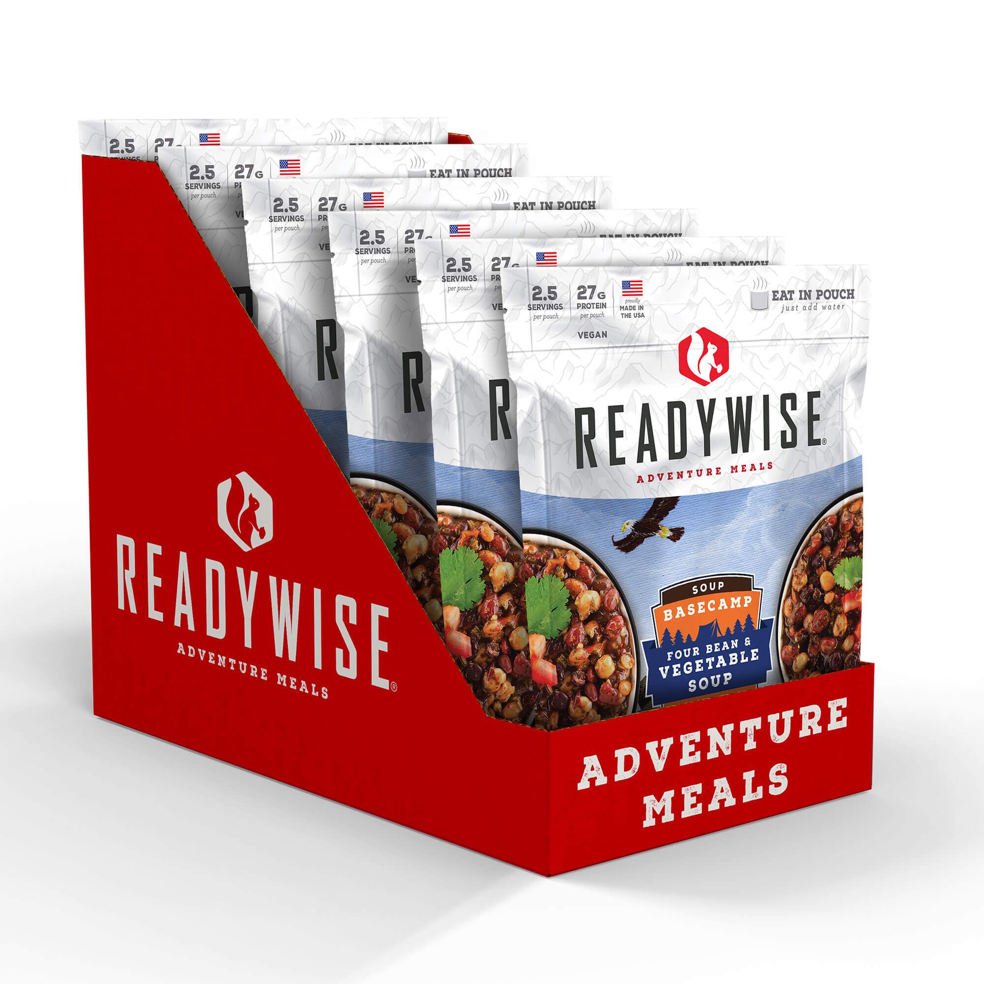 A box of ReadyWise Basecamp Four Bean and Vegetable Soup - 6 Pack (SHIPS IN 1-2 WEEKS) adventure meals.