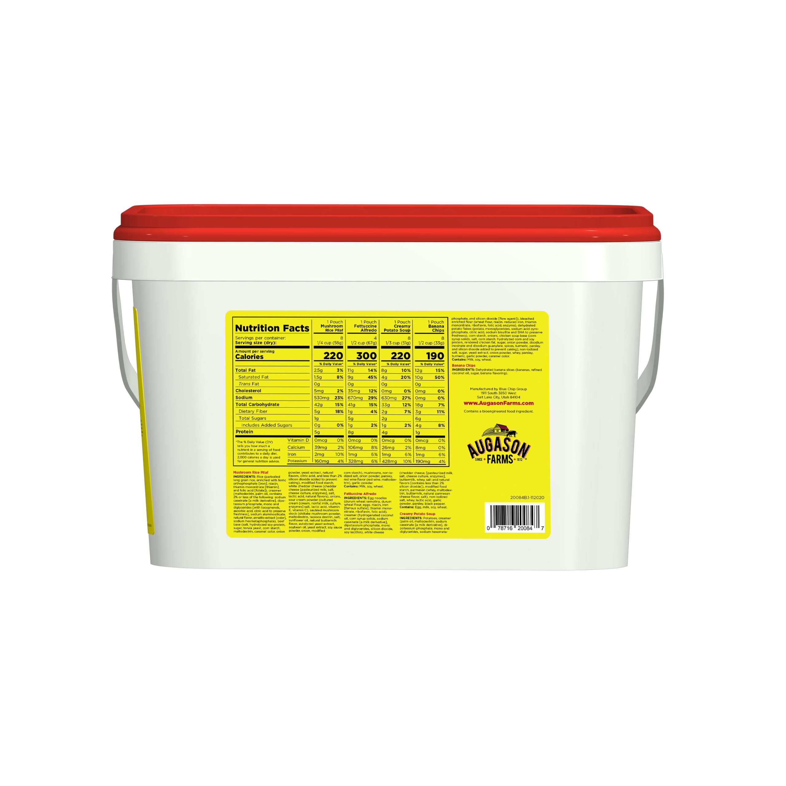 A white Augason Farms 5-Day 1-Person Survival Pail - 58 Servings - (SHIPS IN 1-2 WEEKS) with a red lid.