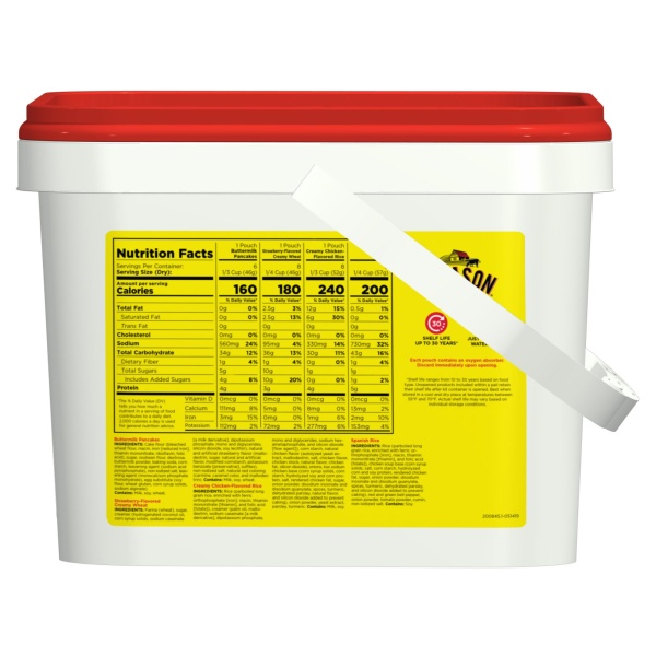 A Augason Farms 5-Day 1-Person Survival Pail - 58 Servings - (SHIPS IN 1-2 WEEKS) with a red lid.
