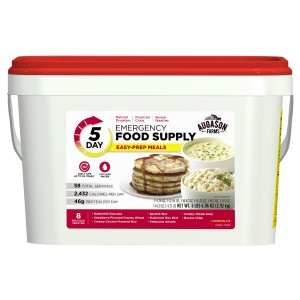 A Augason Farms 5-Day 1-Person Survival Pail - 58 Servings - (SHIPS IN 1-2 WEEKS) of food supply on a white background.