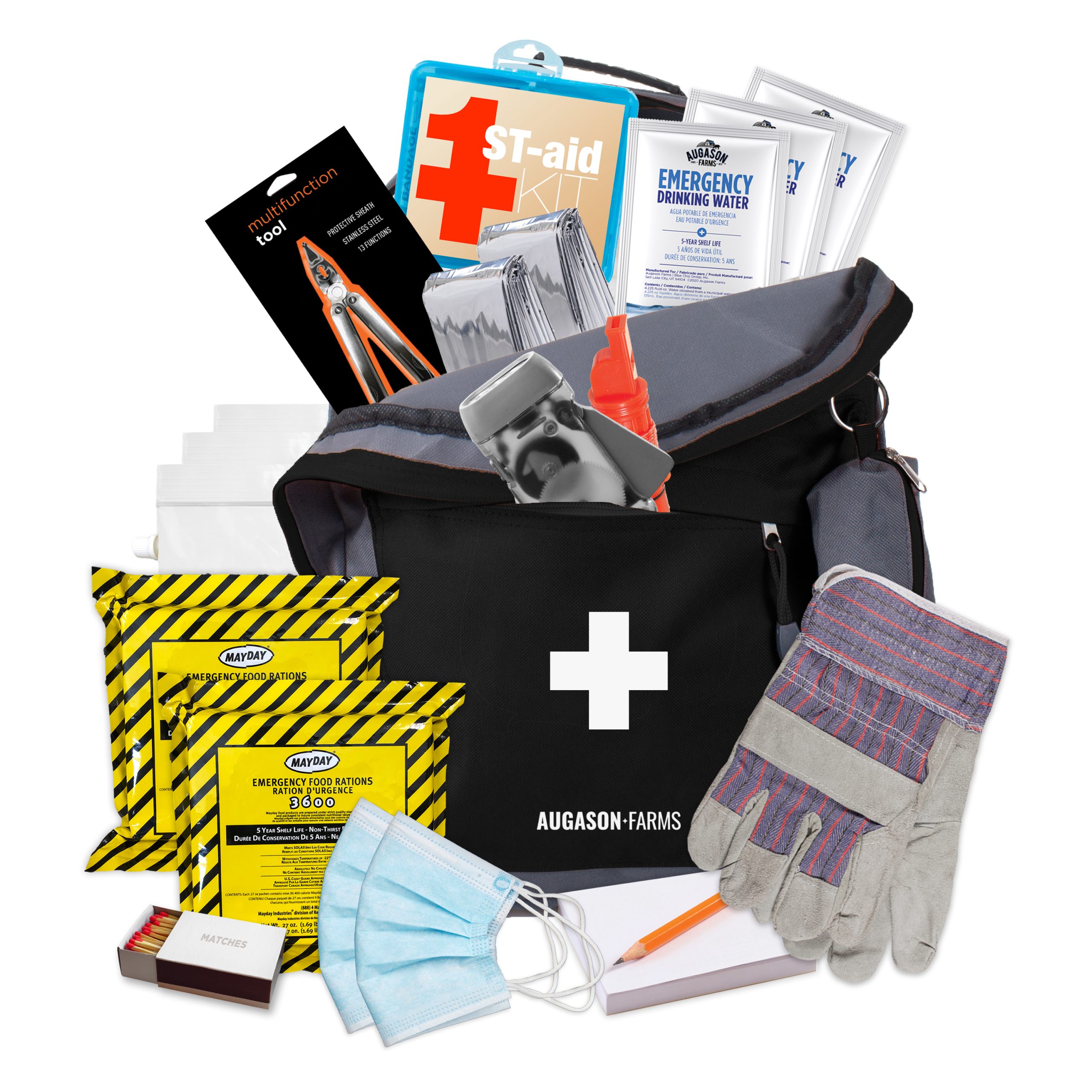 A Augason Farms 72-Hour 2-Person Survival Pack Bug Out Bag - (SHIPS IN 1-2 WEEKS) with various items in it.