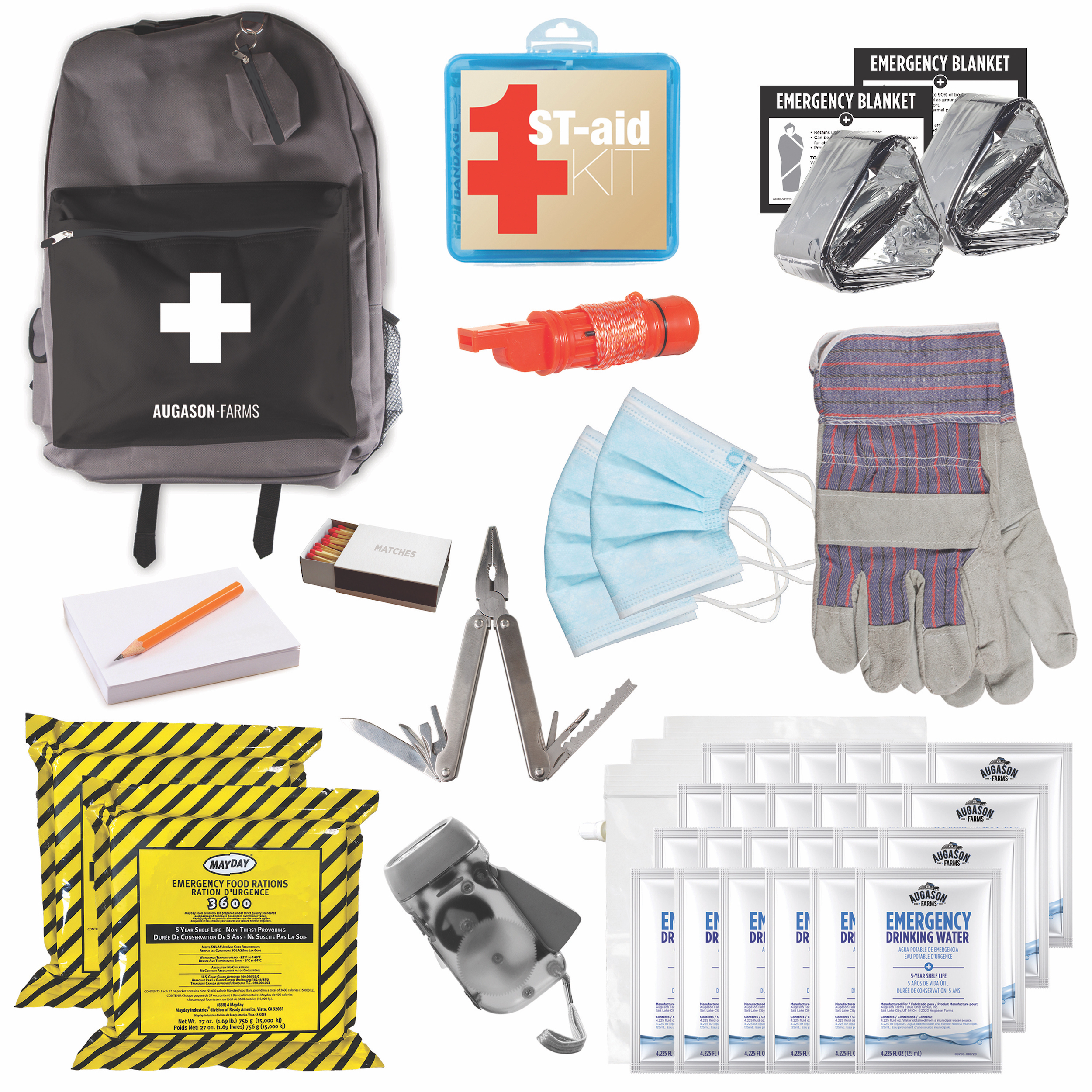 A Augason Farms 72-Hour 2-Person Survival Pack Bug Out Bag - (SHIPS IN 1-2 WEEKS) with gloves and other items.
