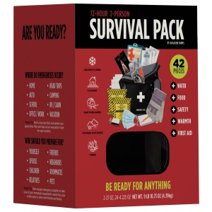 A box with the Augason Farms 72-Hour 2-Person Survival Pack Bug Out Bag - (SHIPS IN 1-2 WEEKS) in it.